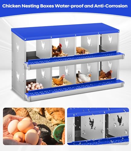 8 Compartment Chicken Nesting Boxes, Metal Roll Away Egg Laying Boxes with Removable Tray & Lid Cover, Chicken Coop Nest Box for Hens, Egg Protection Design (Without Legs) Green - color: Blue, size: 8 hole - without leg