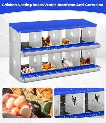 8 Compartment Chicken Nesting Boxes, Metal Roll Away Egg Laying Boxes with Removable Tray & Lid Cover, Chicken Coop Nest Box for Hens, Egg Protection Design (Without Legs) Green - color: Blue, size: 8 hole - without leg