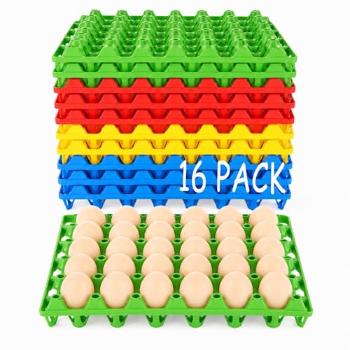 ABuff 16 Pack Plastic Egg Trays for Fresh Eggs, 30-Egg Stackable Egg Crates Flats, Holds 480 Eggs, Reusable Bulk Egg Cartons in 4 Colors for Chicken Farmers, Storage, Sorting, Shipping