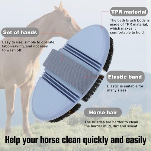 Horsehair Horse Brush for Grooming Flexible Horse Finishing Brush | Horsehair Bristles,Flexible TPR Brush Back,Head&Face&Body Horse Grooming Brush,Gentle Remove Loose Hair Dust Dirt