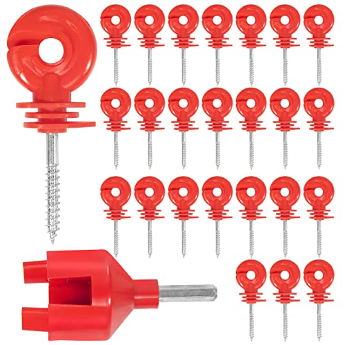 25 Pcs Upgrade Red Electric Fence Insulator Fence Ring Post Self-Tapping Insulator Labor-Saving Wood Post Insulator and 1 Pc Insulator Socket Tool Fit for Electric Drill (Red) - color: 25pcs-red