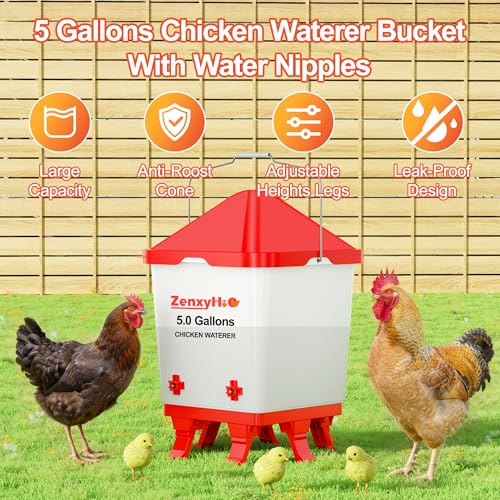 ZenxyHoC 5.0 Gallons Chicken Waterer Bucket with 4 Horizontal Water Nipples, Adjustable Heights and Anti Roost Cone - style: Waterer with Nipples
