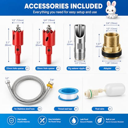 Automatic Pig Waterer Nipple System, Stainless Steel Pig Waterer with Brass Water Tank Connector Kit, Hog Water Drinker Feeder with Float Valve and Garden Hose for Pig Goats Piglets