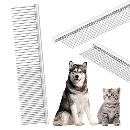 Pet Grooming Comb with Rounded Ends Stainless Steel Teeth for Dogs & Cats,Wide & Dense Teeth for Removing Tangles, Knots,Undercoat,Flea,Face,Chin,Tear Stain,Excess Hair,Metal Dematting Tool Pet Gift - color: Silver, size: 7.4 Inch X 1.7 Inch