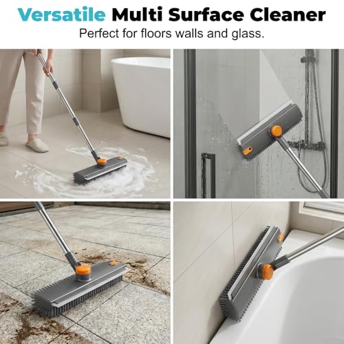 Floor Scrub Brush with Long Handle, 3 in 1 Scrape and Heavy-Duty Stiff Bristle Scrubber Brush, 2-in-1 Floor Brush with Built-in Squeegee, 3 in 1 Floor Scrub Brush (White-1PC) - color: White-1pc