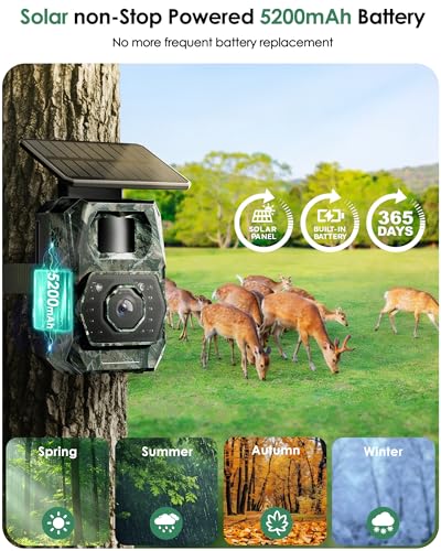 MAXDONE Solar Trail Camera WiFi Bluetooth - 4K 64MP Game Cameras with Night Vision Motion Activated IP66 Waterproof, with 5200mAh Battery and 32GB Memory Card Cameras for Outdoor and Backyard ﻿