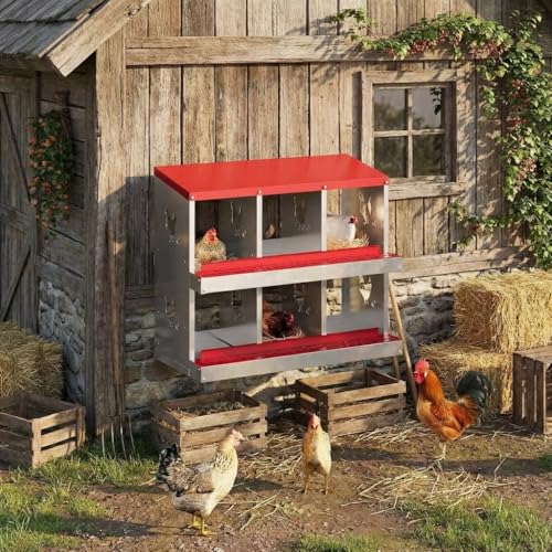GarveeLife 6 Compartment Chicken Nesting Box, Nesting Boxes for Chickens, Metal Chicken Laying Boxes with Perch, Secure Lid, Versatile Wall Mount or Free Standing for Hens, Red - color: red, size: 6 grids