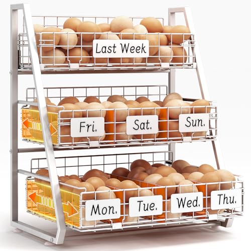 Sevenblue Egg Holder Countertop with 3 Pull-Out Tier Baskets, White | Sturdy Metal Frame, 5 Adjustable Dividers,7 Date Tags, Egg Basket for Gathering Fresh Eggs, Chicken Coop Accessories - color: White