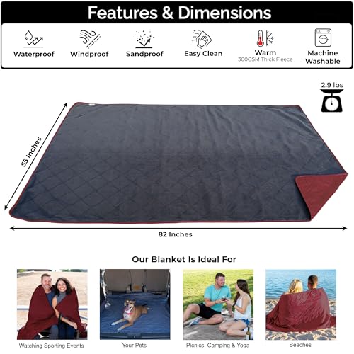 BRAWNTIDE Large Waterproof Outdoor Blanket, Extra Thick Fleece, Warm, Windproof & Sandproof, Quilted Stadium Blanket for Sports Events, Beach, Camping, Picnics, Dogs & Car, 82" x 55 - color: Wine