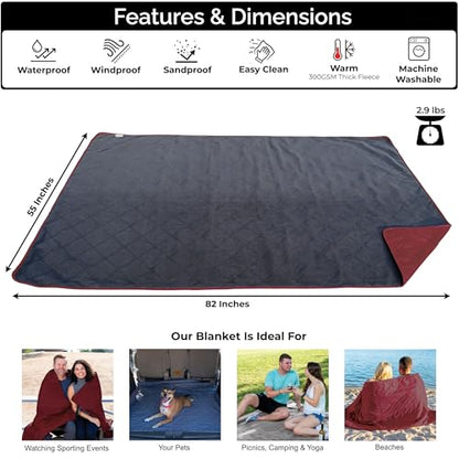 BRAWNTIDE Large Waterproof Outdoor Blanket, Extra Thick Fleece, Warm, Windproof & Sandproof, Quilted Stadium Blanket for Sports Events, Beach, Camping, Picnics, Dogs & Car, 82" x 55 - color: Wine