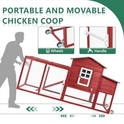 158" L Large Chicken Coop with Run, Chicken Hen House with Nesting Boxes, Wheels, Outdoor Indoor Mobile Rabbit Hutch, Poultry Cage for Chickens Ducks Bunny with Removable Tray, Ramp (Red) - size: 157.4"L x 22.0"W x 39.4"H