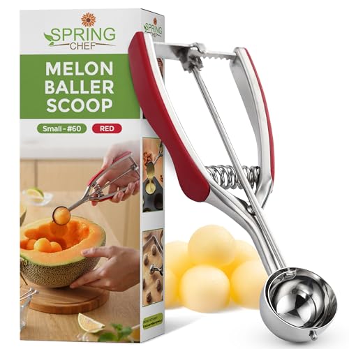 Spring Chef Red Small 1 Tbsp Stainless Steel Cookie Scoop for Baking - Multifunctional Melon Baller - #60 Cookie Dough Scoop with Trigger Release for Ice Cream, Protein Ball - Fruit Scooper and Baller - color: Red, size: #60 - Small - 1 Tbsp
