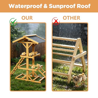 Wooden Chicken Roost Perch with Dual Ladders, Multi-Tier Activity Stand, Waterproof Sun-Resistant Roof Design for Backyard Chicken Coop - color: C02 Brown with Black