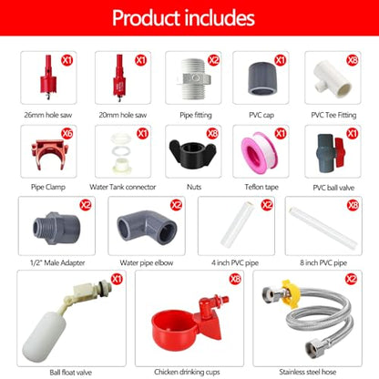 Complete Set Pipeline Automatic Chicken Waterer System(55 Accessories Included)Chicken Water Cups, Chicken Waters,Poultry Waterer,Chicken Watering System,with PVC Pipeline,Float Valve and Garden Hose