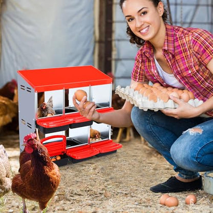 Chicken Nesting Boxes 6 Compartments Chicken Laying Boxes Roll Away Egg Collection Metal Poultry Nest Box with Perch and Lid Cover Free Standing Egg Laying Boxes for Hens Chicken - color: Red, size: 6 holes