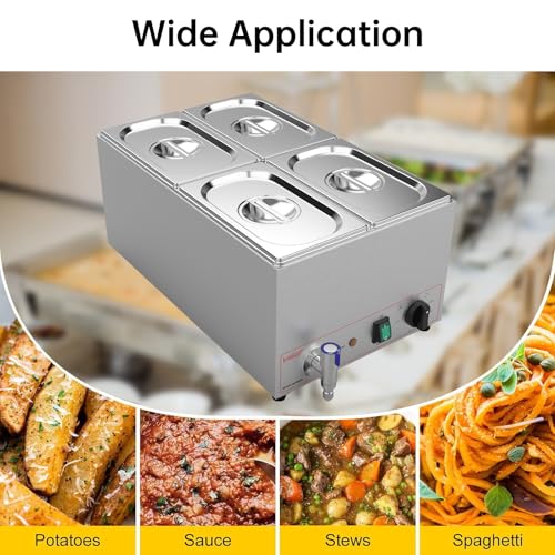 Valgus Commercial Stainless Steel 4 Sections Bain Marie Food Warmer 16 Qt | Buffet Server with Lid and Tap, 900W Power, 86-185°F Range, Dry Burn Protection, Suitable for Both Commercial Use and Home - size: 4 Sections with Tap