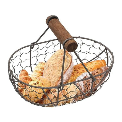 DUDOK Egg Basket, Iron+Wood Wire Egg Basket, Farmhouse Design, Black, Rectangular, Sturdy, Holds 12 Eggs, Comfortable Handle, Decorative, Kitchen, Dining Room, Living Room