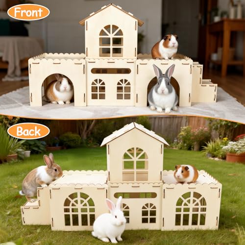 BWOGUE Extra Large Wooden Rabbit Hideout Castle, Detachable Bunny Castle for Rabbits Chinchillas Guinea Pigs, Sturdy Bunny Play House Indoor with Stairs, Small Animal Play Hideaway Hutch - style: 4 House and 1 Ladder