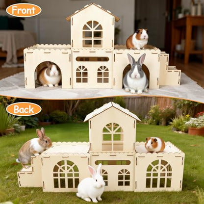 BWOGUE Extra Large Wooden Rabbit Hideout Castle, Detachable Bunny Castle for Rabbits Chinchillas Guinea Pigs, Sturdy Bunny Play House Indoor with Stairs, Small Animal Play Hideaway Hutch - style: 4 House and 1 Ladder