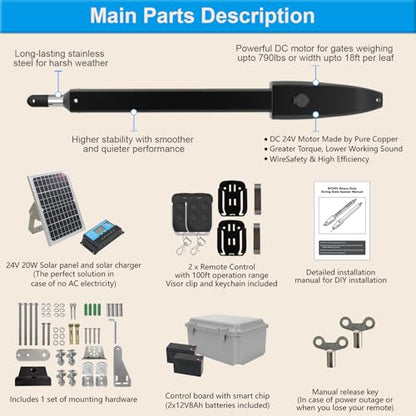 C025 Solar Gate Opener with Batteries & Solar Panel for Dual Swing Gates Up to 790lb 18FT per Arm Complete Automatic Gate Opener Kit with Remote Medium-Duty Electric Gate Opener Solar-Powered