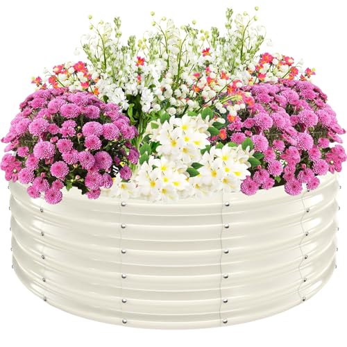 TBMLC 17" Tall Elevated Round Metal Rised Garden Bed- 4'x4' in Size and 0.8MM Thick Durable Planter Box for Vegetables Flowers Succulent at Patio/Garden Outdoor (White, 4FT Diameter) - color: White, size: 4FT Diameter