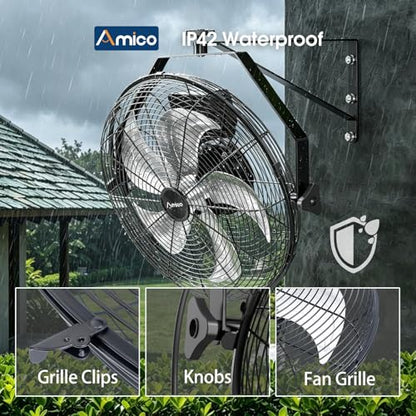 Amico 18 Inch Wall Mount Fan with Remote, 9-Speed Industrial Metal Fan, High Velocity Wall Fan with Brushless DC Motor, 4000 CFM Commercial Fans for Garage, Greenhouse, Warehouse, shop, Patio, Outdoor - size: 18 inch
