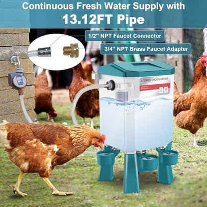 Automatic Chicken Waterer 2 Gallons, Float-Controlled Chicken Water Feeder with 4 Water Cups, 158.4-Inch Hose with 3/4'' and 1/2'' Ends, Large Poultry Waterer for Chick Quail Duck Turkey, Blue - color: Blue