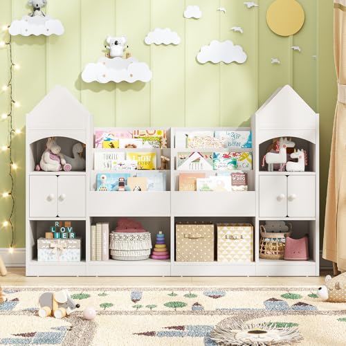 Vabches Castle Shape Children's Bookshelf, Kids Bookcase Display Case Kids Toy Storage Organizer Multifunctional Storage Cabinet Bookshelf Suitable for Playroom, Children's Room, Living Room, White - color: Pure White, size: 11.81"D x 53.74"W x 35.24"H
