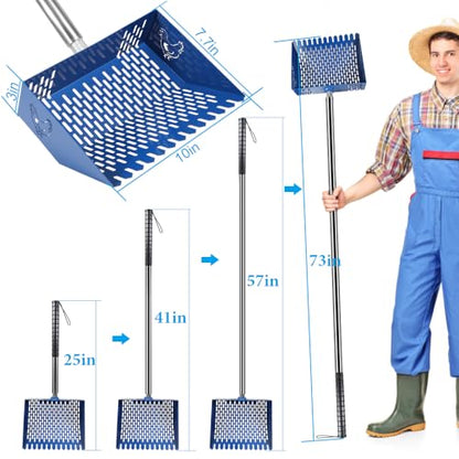 Kalekey Heavy Duty Chicken Coop Rake and Scoop, 15 Inch Extra Large Chicken Coop Rake with Adjustable Stainless Steel Handle (25 to 73 Inch)，Metal Multi-Use Cleaning Shovel for Coops, Beach（Blue） - color: Blue