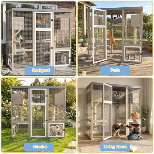 Catio Outdoor Cat Enclosure Large Walk-in Cat House with Flat Roof and Multi-Level Platforms, Cat Hammock & Litter Box Shelf, Elevated Wooden Cat Shelter for Multiple Cats, Backyard Patio Garden - size: 61.5"L x 34"W x 57.5"H