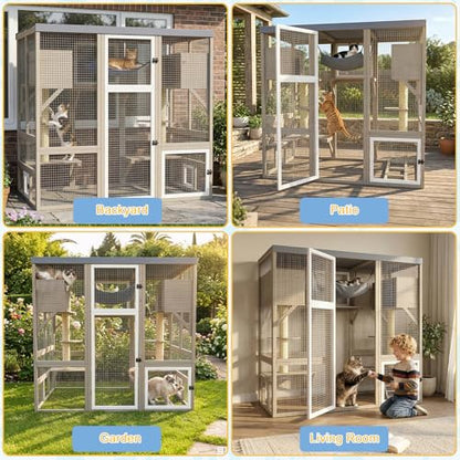 Catio Outdoor Cat Enclosure Large Walk-in Cat House with Flat Roof and Multi-Level Platforms, Cat Hammock & Litter Box Shelf, Elevated Wooden Cat Shelter for Multiple Cats, Backyard Patio Garden - size: 61.5"L x 34"W x 57.5"H