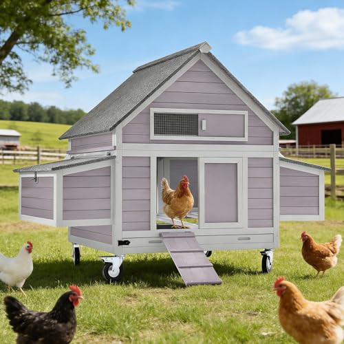 Aivituvin Chicken Coop with Wheels Large Poultry House with Two Nesting Boxes Outdoor Wooden Hen cage - color: Grey, size: 67.0"L x 39.8"W x 49.5"H