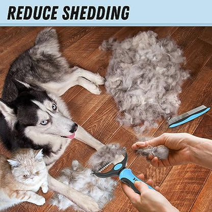 Docrok Pet Grooming Combo - Blue Deshedding Brush with Metal Comb for Detangling and Dematting Long, Matted Fur on Cats and Dogs - color: Blue