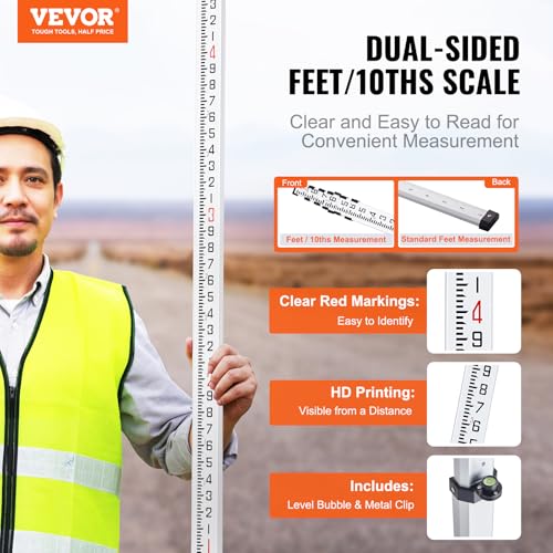 VEVOR Aluminum Grade Rod, 25-Feet/10ths 6 Sections Telescopic Measuring Rod,Double-Sided Scale 1/10ft Leveling Rod Stick,Aluminum Alloy Survey Rod w/Bubble Level &Carrying Bag for Houses,Walls,Floors - size: 25 FT-10ths