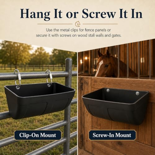 Hanging Horse Feed Trough, Fence Mount Horse Feeder with Heavy-Duty Metal Clips & Screw Hardware, Black Plastic Feed and Water Bucket for Horse Stall, Barn Wall, Pellets & Supplements (2 Pcs)