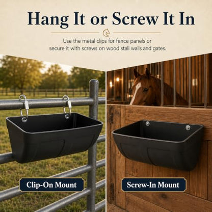 Hanging Horse Feed Trough, Fence Mount Horse Feeder with Heavy-Duty Metal Clips & Screw Hardware, Black Plastic Feed and Water Bucket for Horse Stall, Barn Wall, Pellets & Supplements (2 Pcs)
