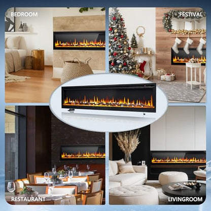 EUHOMY 73 inch Electric Fireplace Recessed Wall Mounted Freestanding with Remote Control, Ultra-thin Fireplace Heater with Adjustable Flame Color, Linear Fireplace with Timer, Log & Crystal, 750/1500W - size: 73 Inch Premium