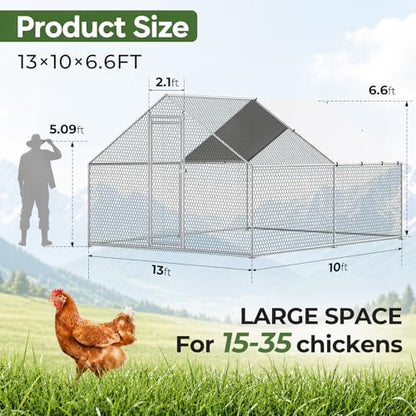 Large Chicken Coop Metal Walk-in Run 10.1' x 13' x 6.6', Heavy Duty Galvanized Steel Cage with Waterproof Cover, Secure Lock, Outdoor Pen Enclosure for Hens, Ducks, Rabbits