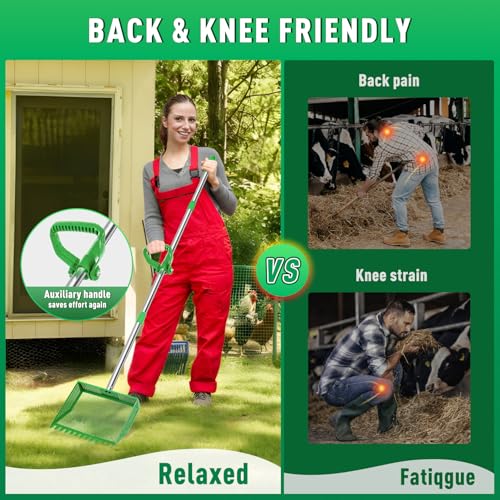 TOOGE Large Chicken Poop Scooper: 2-in-1 Metal Pooper Scooper & Rake Adjustable 62" Long Handle Stainless Steel Sand Sifting Litter Shovel Chicken Coop Scoop Cleaning Tool for Goat Yard Bright Green - color: Bright Green