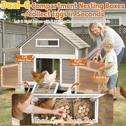 Ketive Large Chicken Coop for 2–4 Chickens Outdoor Poultry Cage Wooden Hen House with 6 Nesting Boxes, Reinforced Boxes, Dual Ramp Doors, Curved Wood Roof, Tray, Expandable (61.1"L x 38"W x 40.2"H) - size: 61.1"L x 38.0"W x 40.2"H
