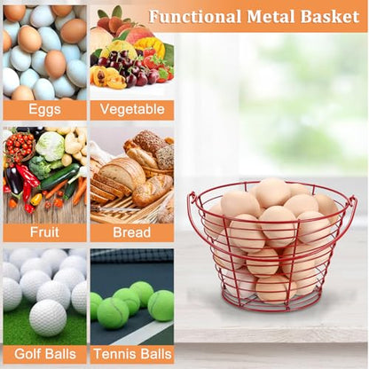3 PCS 8" Red Round Wire Egg Baskets for Fresh Egg With Handle, Small Metal Collecting Basket for Gathering Fresh Eggs, Chicken and Duck Eggs Hunting Basket Egg-Holder Countertop - style: Round-3 Pack,Red