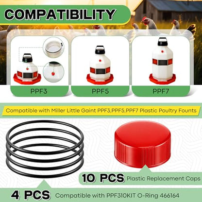 Poultry Fountain Renewal Waterer Parts, 10 Replacement Caps & 4 O Rings, Compatible with Miller PPF3/PPF5/PPF7 & Compatible with Farm-Tuff 3/5/7 Gallon Poultry Founts(Red) - color: Red