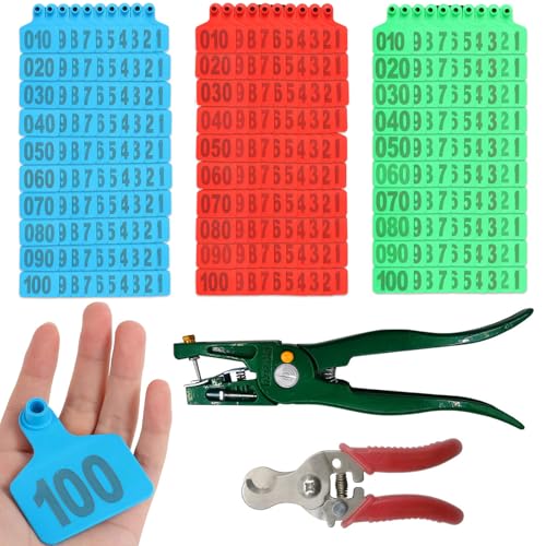 300PCS Cattle Ear Tags Kit Large Size - 001-100 Number Plastic Livestock Cattle Ear Tags Farm Animal Tags ID Tags Ear Tagger + Ear Tag Applicator + Ear Tag Remover for Cattle Cow Pig Goat Sheep