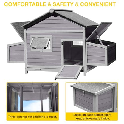 Wooden Chicken Coop, Large Hen House with Weather-Resistant Asphalt Roof, Easy to Clean with Removable Metal Tray, Ideal for 3-4 Chickens, Duck, Rabbits & Small Animals - color: Grey, size: 67.3"L x 36.8"W x 40.6"H