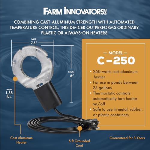Farm Innovators Utility De-Icer for up to 25 Gallon Container - 250W Water Deicer- Ice Chaser Cast Aluminum Design for Plastic or Metal Water Container | Stock Tank Heater, Farm Innovators De-Icer, Ice Chaser, Submergible Thermostat, Livestock Water Heate