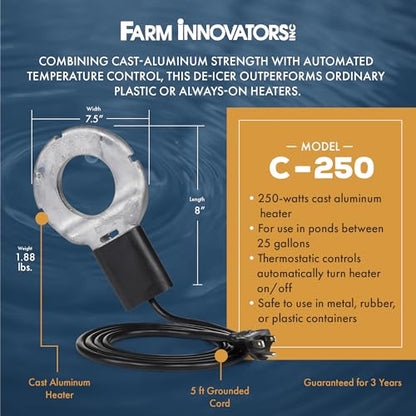 Farm Innovators Utility De-Icer for up to 25 Gallon Container - 250W Water Deicer- Ice Chaser Cast Aluminum Design for Plastic or Metal Water Container | Stock Tank Heater, Farm Innovators De-Icer, Ice Chaser, Submergible Thermostat, Livestock Water Heate