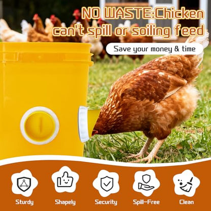 DIY Chicken Feeders 4 Ports Yellow No Waste | Automatic Rain Proof, Poultry Feeder Kit, Includes 1 Hole Saw, for Buckets Barrels Bins Troughs - color: Yellow