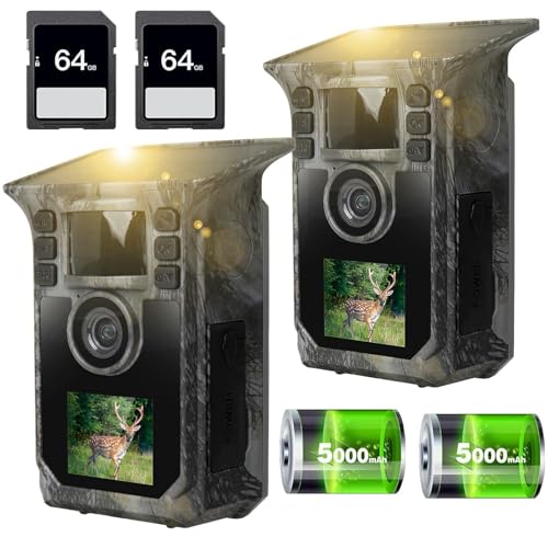 Trail Camera 2 Pack 4K 64MP Solar Game Camera with 5000mAh Forever Power, 64GB Memory Card and Ip67 Waterproof Angle Night Vision for Wildlife Deer Outdoor Trail Cam, Monitoring Trail Cameras - color: Dark green