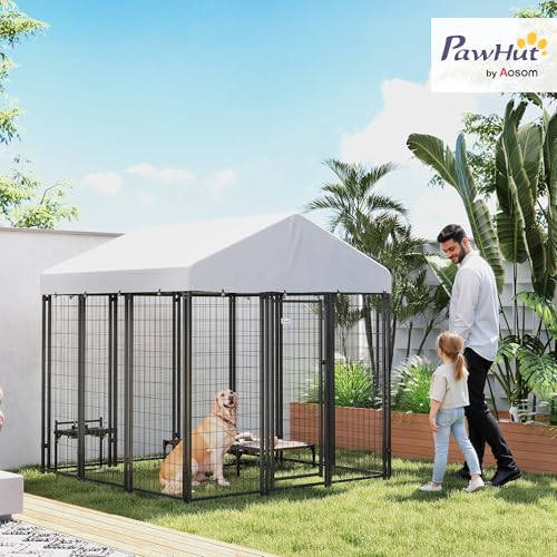 PawHut Outdoor Dog Kennel with Roof, 6' x 6' x 6' Heavy Duty Welded Wire Dog Playpen Enclosure with Escape-Proof Lock, UV-Resistant & Waterproof Cover, for Large Dogs, Chickens, Ducks, Silver - size: 71.3"L x 71.3"W x 72.0"H, style: Single Room