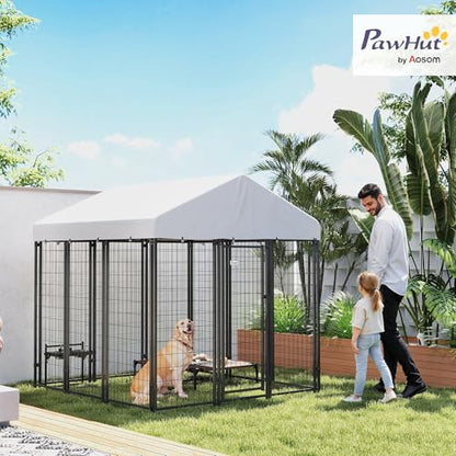 PawHut Outdoor Dog Kennel with Roof, 6' x 6' x 6' Heavy Duty Welded Wire Dog Playpen Enclosure with Escape-Proof Lock, UV-Resistant & Waterproof Cover, for Large Dogs, Chickens, Ducks, Silver - size: 71.3"L x 71.3"W x 72.0"H, style: Single Room
